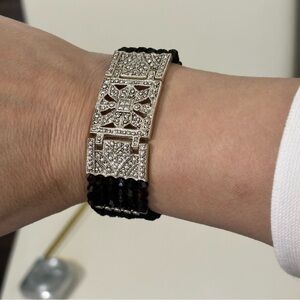 Vintage Art deco black glass Marcasite,silver tone rhodium plated bracelet